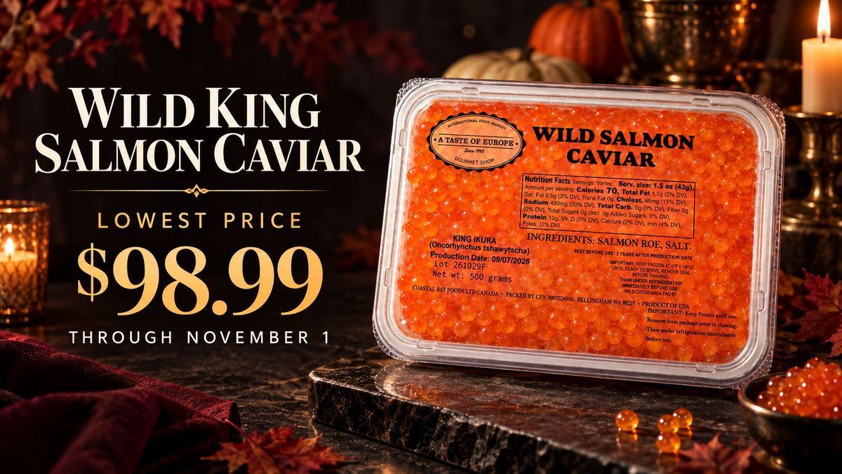 Wild King Salmon Caviar, 500g. Lowest price $98.99 through November 1. Premium Halloween scene with candlelight, heirloom pumpkins, autumn leaves, and a dark stone table.